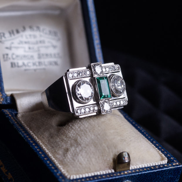 Art Deco Emerald and Diamond Cocktail Ring