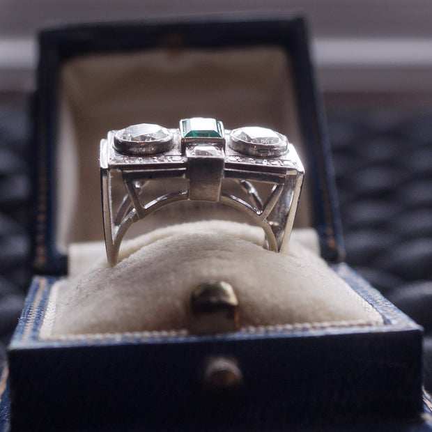 Art Deco Emerald and Diamond Cocktail Ring