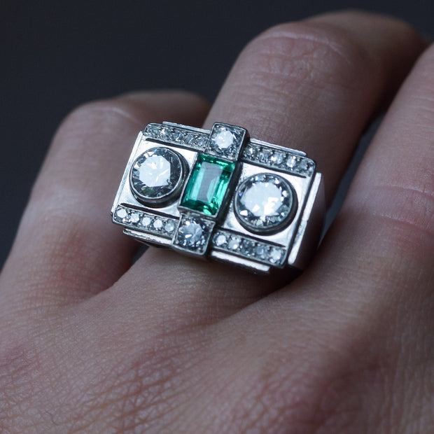 Art Deco Emerald and Diamond Cocktail Ring