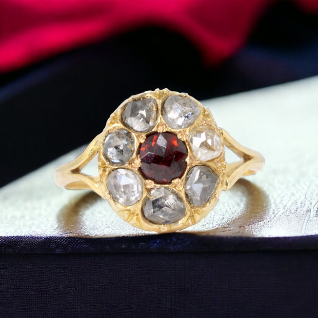 Early Rose Cut Diamond and Garnet Cluster Ring