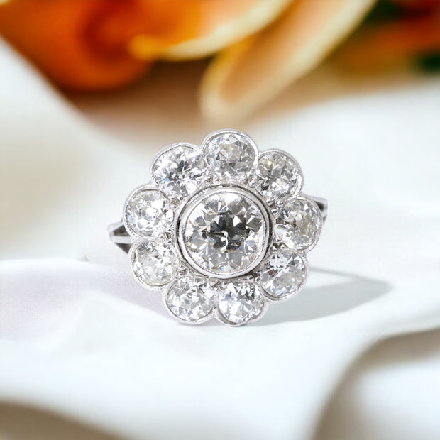 Edwardian 4ct Diamond Engagement Cluster Ring