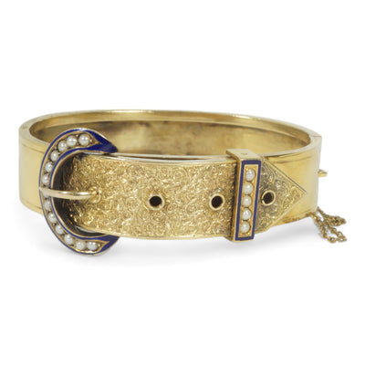 Victorian 15k Gold Enamel and Pearl Buckle Bangle