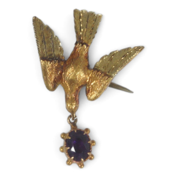 Georgian 15k Gold Amethyst Swallow Brooch