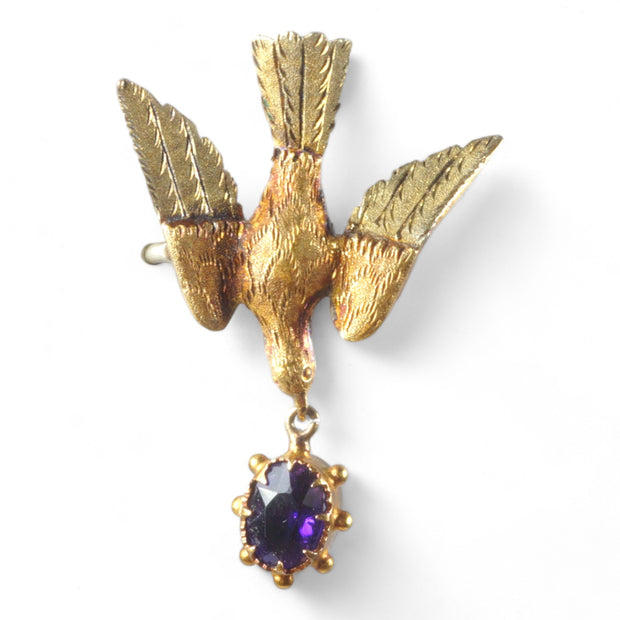 Georgian 15k Gold Amethyst Swallow Brooch