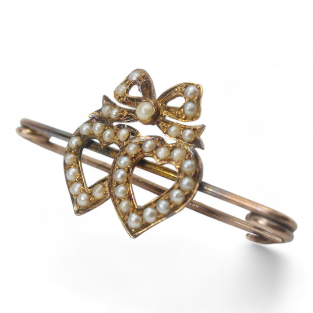 Antique Double Heart Pearl Brooch