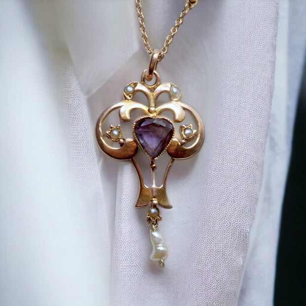 Art Nouveau Amethyst Heart Pendant