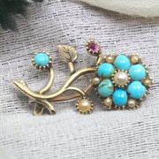 Georgian Period Turquoise Pearl Ruby Brooch