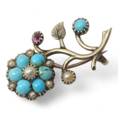 Georgian Period Turquoise Pearl Ruby Brooch