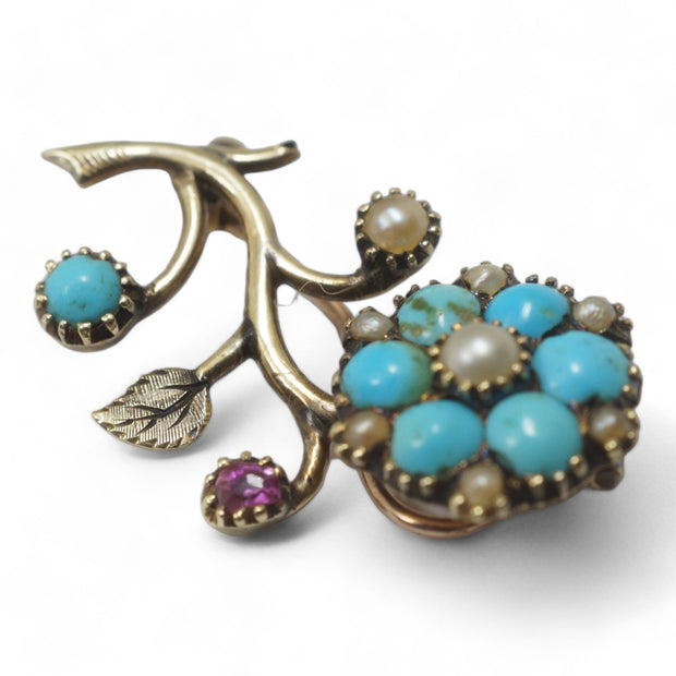 Georgian Period Turquoise Pearl Ruby Brooch