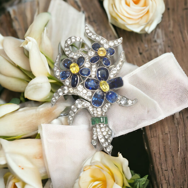 Art Deco Yellow Blue and White Sapphire Floral Brooch
