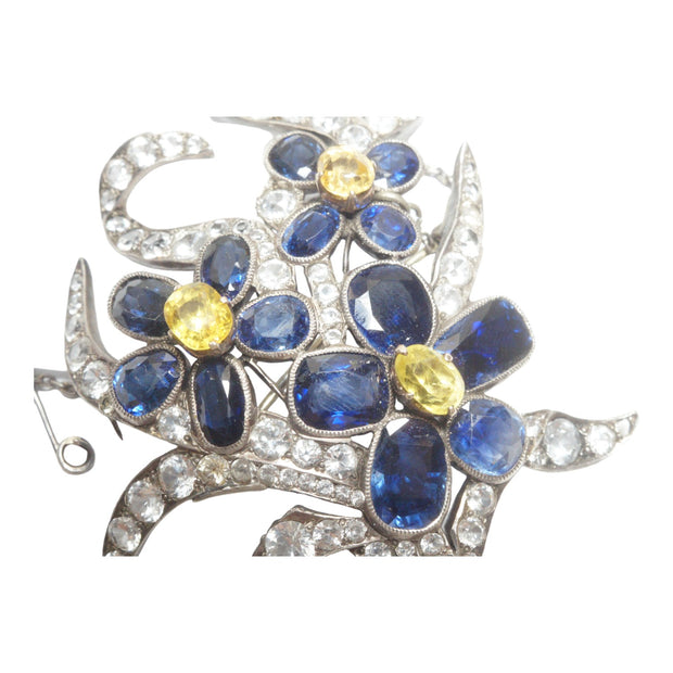 Art Deco Yellow Blue and White Sapphire Floral Brooch