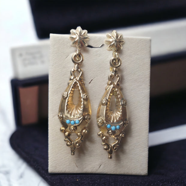 Victorian Gold Turquoise Drop Earrings